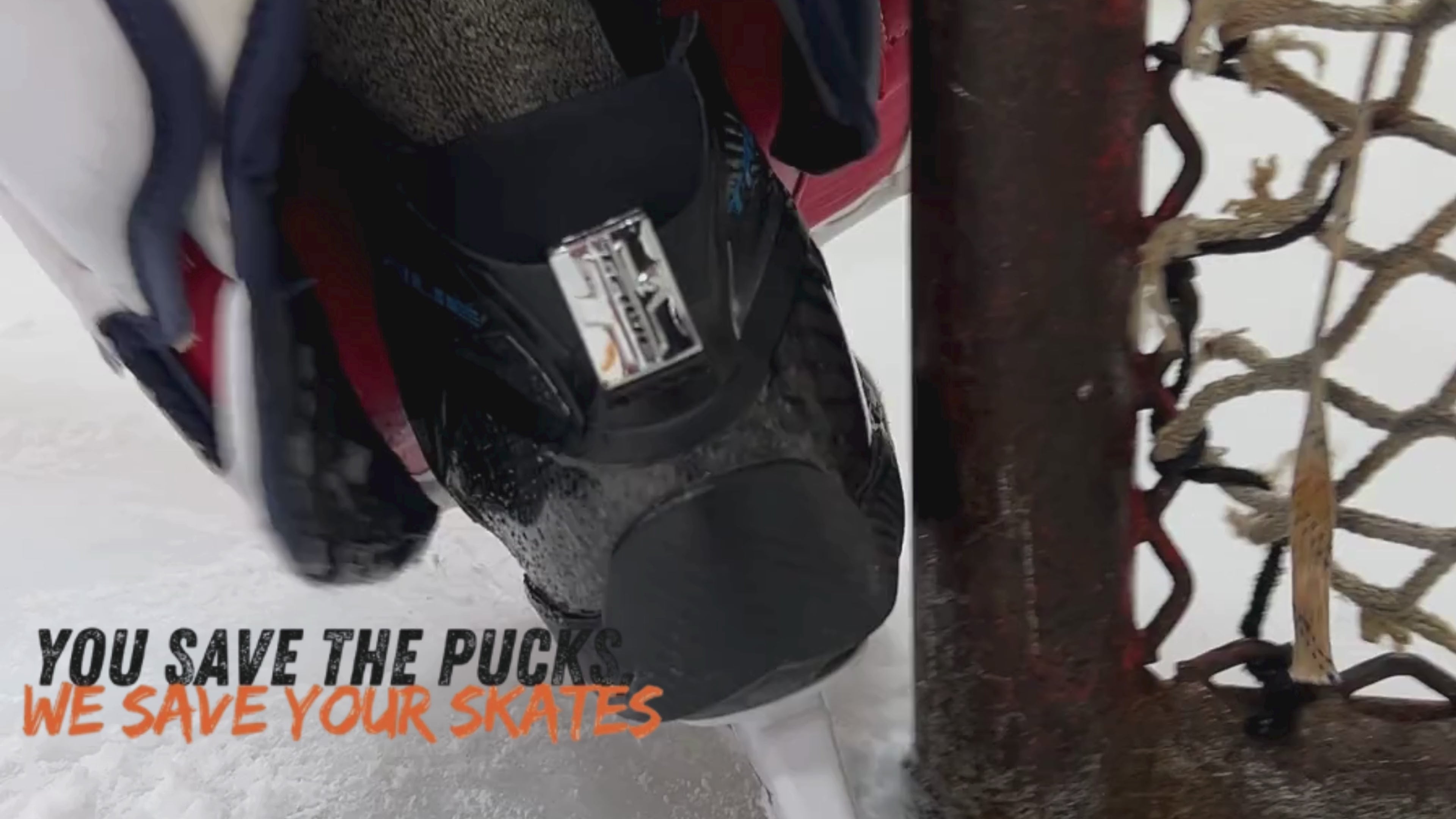 Load video: Video shows hockey goalie sliding into post. They have a skate protector on their skates to protect them from post rash.