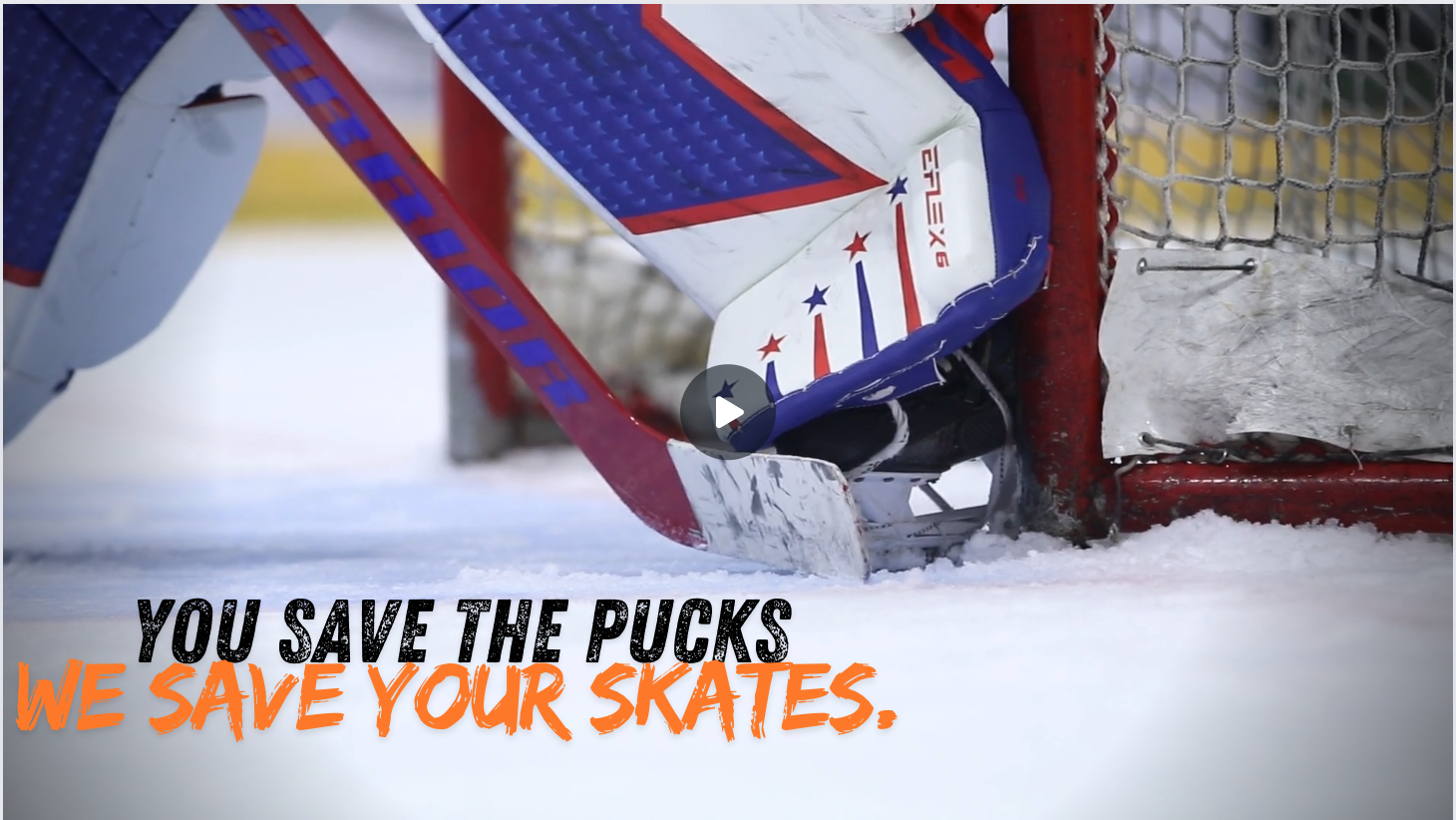 Load video: Video shows hockey goalie sliding into post. They have a skate protector on their skates to protect them from post rash.